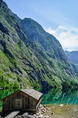old wooden house at lake "obersee" in the alps