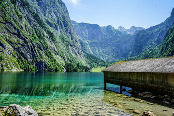 old wooden house at lake "obersee" in the alps