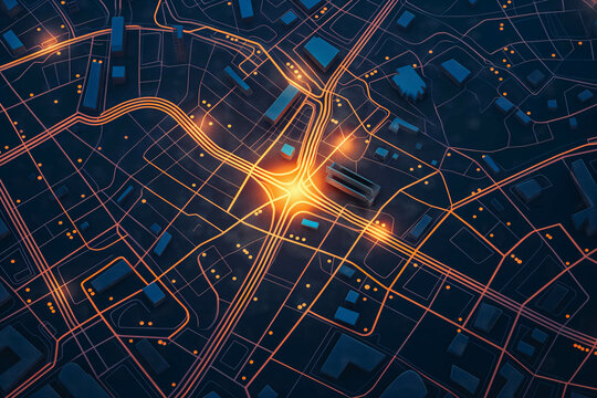 Location tracks dashboard. City street road. City streets and blocks, route distance data, path turns and destination tag or mark. Huge city top view