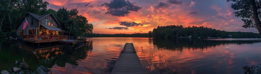 Obraz premium Lakeside cabin at sunset with American flag decked porch and vibrant sky reflection in the water