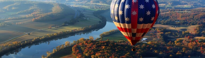 Obraz premium Hot air balloon with American flag design flying over scenic autumn landscape