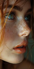 Close-up portrait of young red-hair woman with freckles, impressive wallpapers for phone