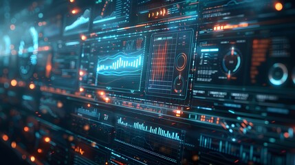 Fototapeta premium Futuristic digital dashboard with glowing data visualizations and analytics, ideal for technology, data science, or cybersecurity themes.