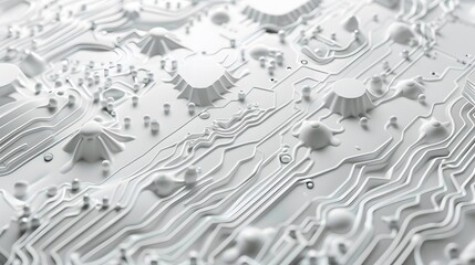 Abstract electronic circuit board with three-dimensional topography, showcasing intricate paths, lines, and components in monochrome detail.