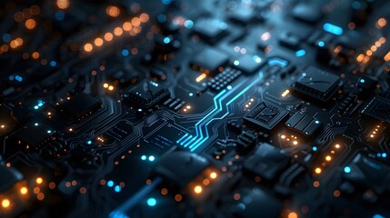Obraz premium Close-up of an illuminated computer circuit board with glowing lights, showcasing technology and hardware components in detail.