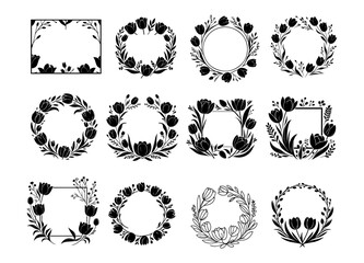 Fototapeta premium Elegant floral frames. Tulip frames on white background. Floral wreath. Floral background