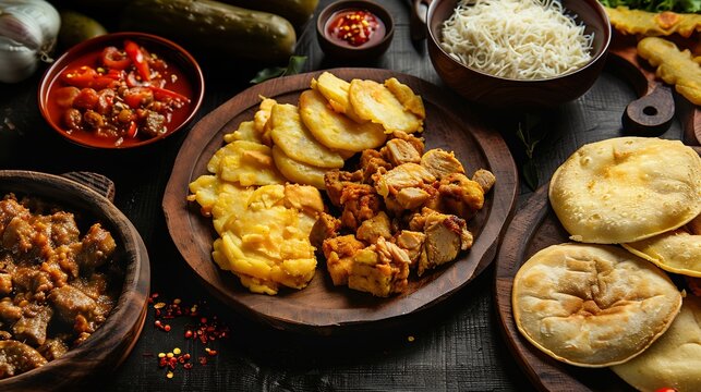 fried or chopped  Veal chicken beef chorizo yuca and arepa traditional colombian food : Generative AI