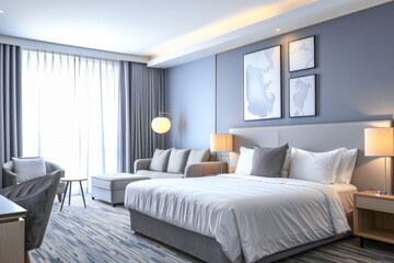 Elegant hotel room interiors with modern furniture. Hotel interior design composition.