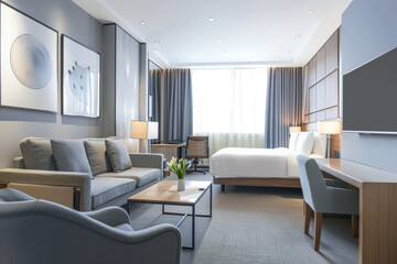 Fototapeta premium Elegant hotel room interiors with modern furniture. Hotel interior design composition.