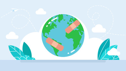 Save the earth. Hurt Planet Earth Suffering in Pain. Wounded world feeling ill and damaged after environmental health disaster. Planet with patches and bandages. Vector illustration.