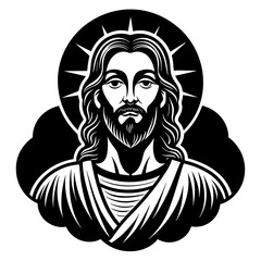 A black and white t-shirt design of Jesus Christ with clouds behind him