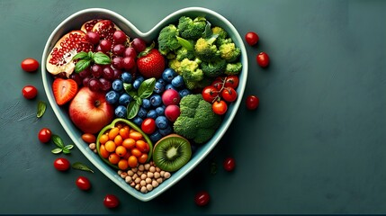 A vibrant photo showcasing a heartshaped bowl filled with nutritious diet foods, including fresh fruits, vegetables, and whole grains, promoting heart health and cardiovascular wellness