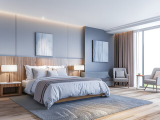 Elegant hotel room interiors with modern furniture. Hotel interior design composition.