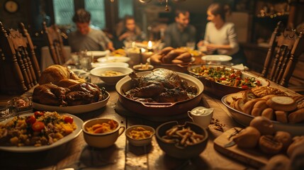 Fototapeta premium A Festive Thanksgiving Dinner Table Spread