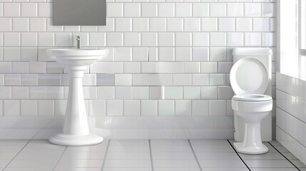 Modern spacious bathroom with bright tiles with toilet and sink Side view : Generative AI