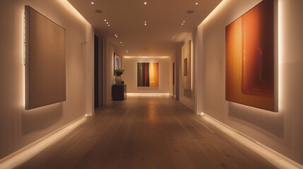 A sleek gallery-style hallway with recessed lighting illuminating the modern art on the walls, captured in high definition.