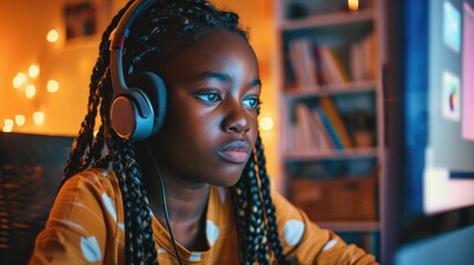 Black teenage girl with braided hair wearing headphones appearing attentive as she interacts with virtual learning on a computer screen