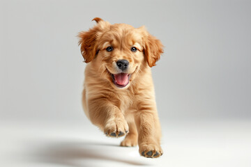 Joyfully running towards the camera, a Golden Retriever puppy is captured in a full-body image with a big smile.