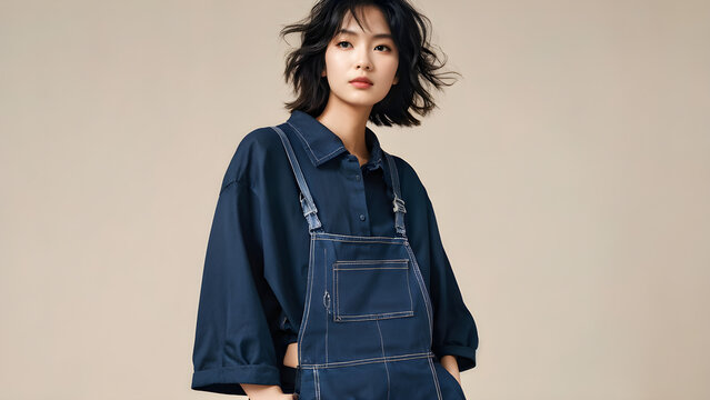 Beautiful Asian in blue shirt, Japanese fashion beauty concept