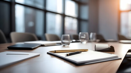 Work from home. desk office with laptop, blank notepad, and pen on wood table. Flat lay top front view  copy space.