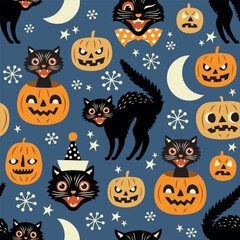 Seamless vector pattern with vintage spooky cats and Halloween pumpkins. Hand drawn illustration. Perfect for textile, wallpaper or print design.
