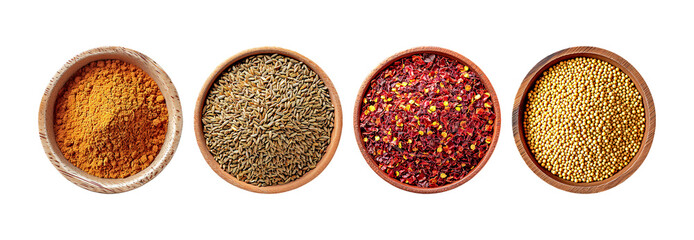Four wooden bowls filled with various spices: cinnamon powder, cumin, chili flakes, and mustard seeds, isolated on a transparent background.