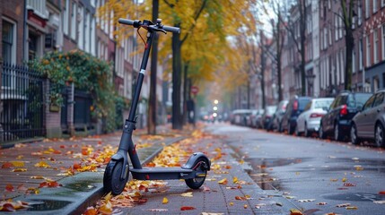 Electric Scooter in modern cityscape background, healthy and environmentally friendly form of transport, Eco-Friendly Urban Mobility