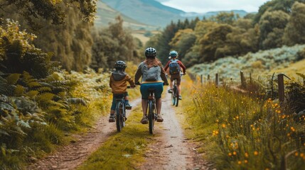 Fototapeta premium Happy family cycling through serene countryside, Healthy and environmentally friendly form of transport