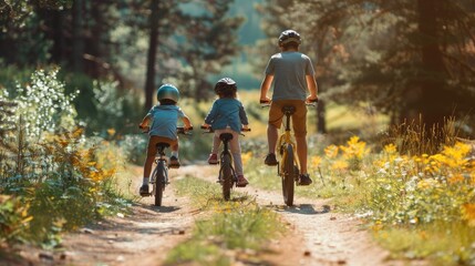 Happy family cycling through serene countryside, Healthy and environmentally friendly form of transport