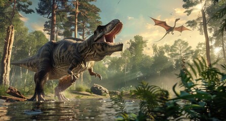 Fototapeta premium Jurassic adventure majestic dinosaur roaring in enchanted forest with dragon flying above, fantasy wildlife exploration and discovery concept