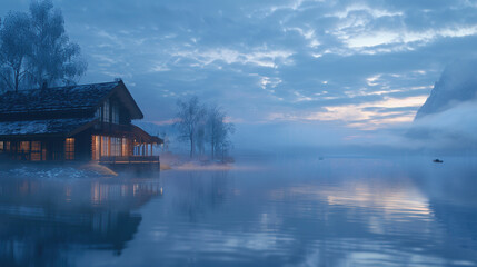 Fototapeta premium Serene Dawn: Misty Lakeside Retreat