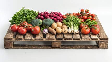 Variety of fresh, colorful vegetables are neatly arranged on a rustic wooden pallet, set against a clean white background