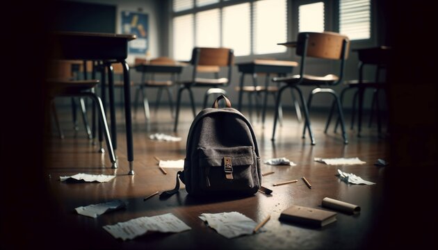 Empty Classroom with Abandoned Backpack and Scattered Papers Representing Bullying