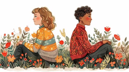 Obraz premium A peaceful illustration showing two people sitting back-to-back, surrounded by lush greenery and vibrant red flowers