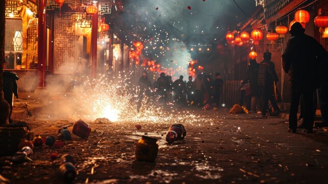 Close-up view of firecrackers exploding in old street to celebrate Chinese lunar new year.