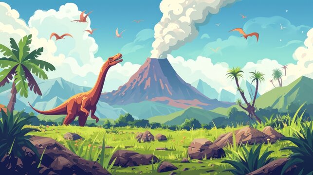 Vector illustration of prehistoric theme with dinosaurs jungle volcano on white background.