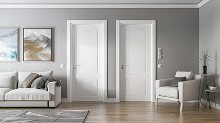 modern furnished house wall with two white room doors, light hardwood floors, artwork on wall, small furniture near wall, no windows