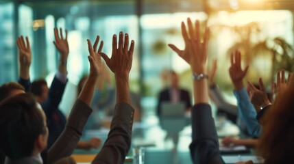 Hands of crowd in air in a vote event in a office room during an executive board meeting.