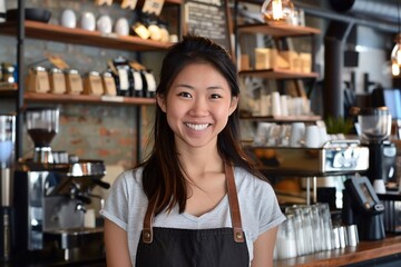 Smiling Asian female barista in apron, proud cafe owner, small business startup success story