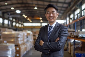 Asian businessman investor standing proudly in a spacious factory and warehouse, emphasizing a productive environment