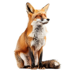 Fototapeta premium A majestic red fox sitting, with its eyes closed, showing its beautiful fur and bushy tail, isolated on transparency PNG background.