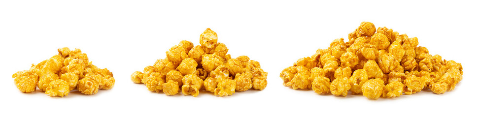Delicious caramel popcorn isolated on white background. Cinema and entertainment concept. Movie night with popcorn. Cheese and caramel popcorn. Delicious appetizer, snack. Banner