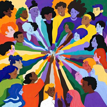 Vibrant illustration of diverse people in a circle with their hands joined together in the center, representing unity and collaboration.