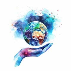 Artistic representation of World Environment Day with a celestial hand gently holding the Earth within a vivid galaxy