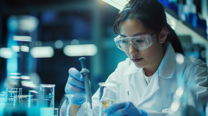 Asian scientist conducting experiments and pipetting in a modern biomedical laboratory setting.