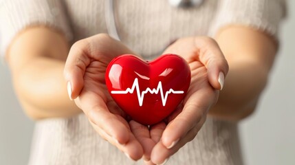 Fototapeta premium Heart with EKG pulse medical theme in hands