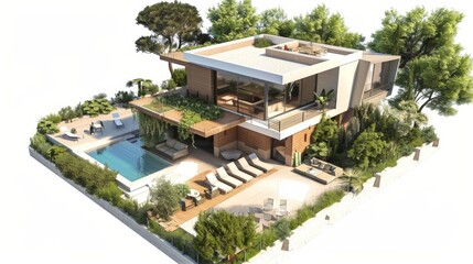 Obraz premium 3d rendering of modern house by the river at morning, house, luxury, villa, modern, architecture, building, exterior, residential, property, designer