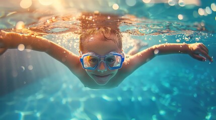 Naklejka premium Cute smiling child having fun swimming and diving in the pool at the resort on summer vacation. Sun shines under water and sparkling water reflection. Activities and sports to happy kid