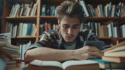 student man research sample exam by tablet, male prepare for test and learning lessons in the library. stress, despair, haste, misunderstanding reading, discouraged, expectation, knowledge