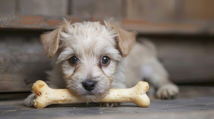 Adorable 8 week old terrier mix puppy with a bone